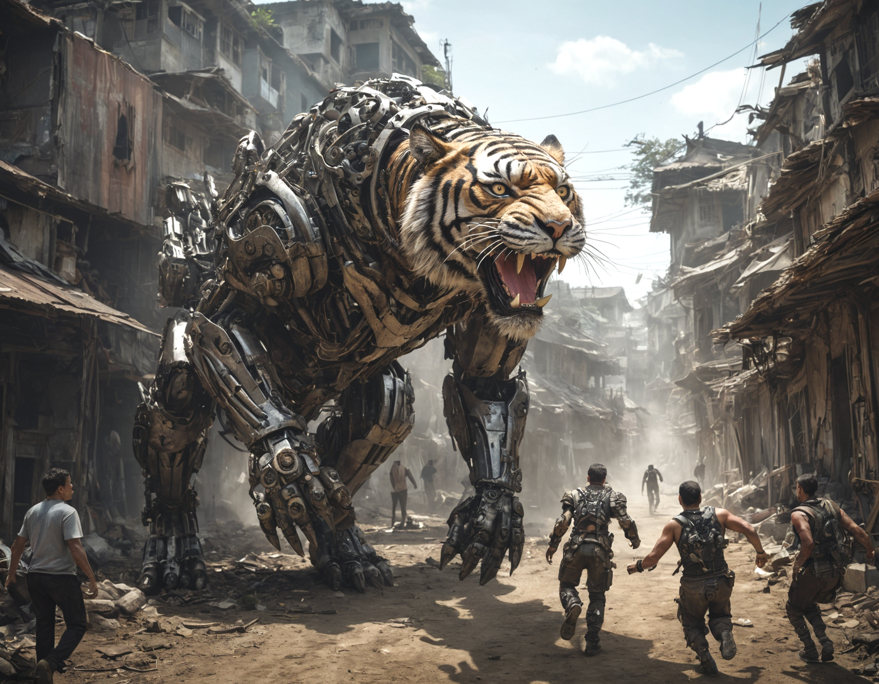 16674-4099782366-mechanical-tiger rampaging through a jungle village, buildings made out of scrap metal, wide angle, running people, futuristic t.png